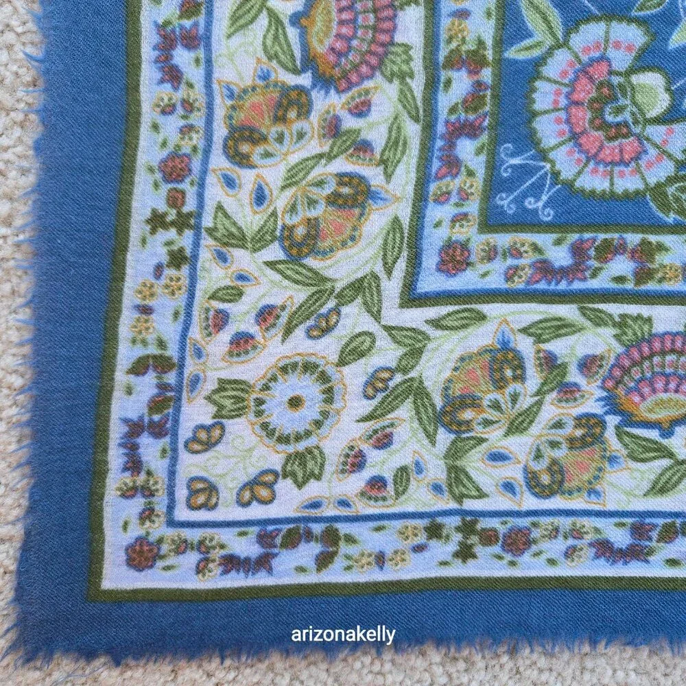 Square Wool Blue Scarf With Leaves and Flowers